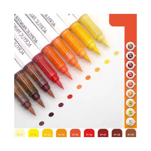 Foto - Set de pensule acrilice pentru scrapbooking - Serie roșie galbenă, 9 bucăți