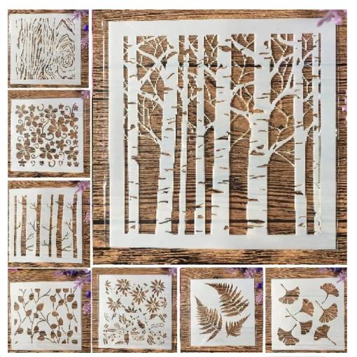 Foto - Set de șabloane pentru desenat - Model de copaci și frunze, 8 bucăți